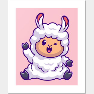 Cute Sheep Waving Hand Cartoon Posters and Art